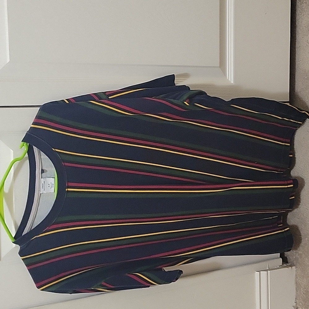 Mens Urban Outfitters striped navy, green, red, and gold t shirt